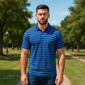 F&G Tech Polo‎ Shirt Men XL Blue Striped Golf Travel Beach Vacation Activewear